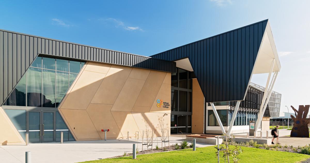 Contemporary architectural facade using Fielders Finesse® COLORBOND® steel cladding.