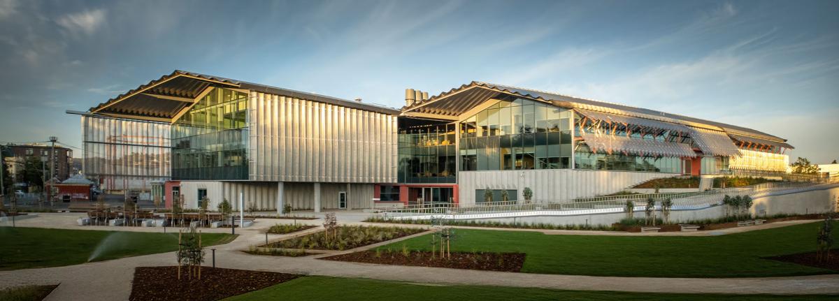 Modern industrial building with a corrugated steel roof, large glass windows, and landscaped surroundings at sunset.