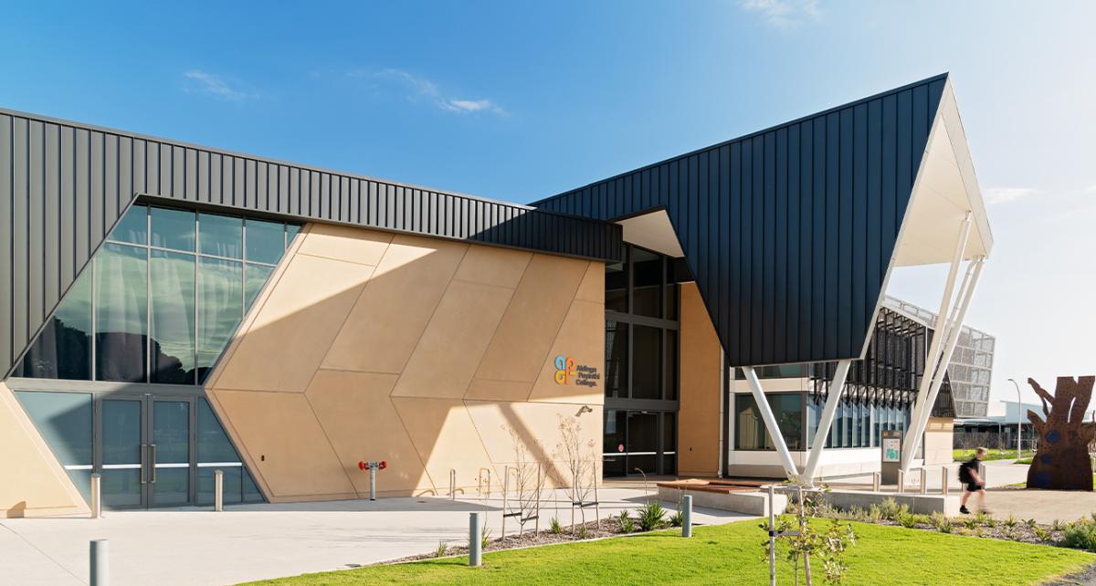 Contemporary architectural facade using Fielders Finesse® COLORBOND® steel cladding.
